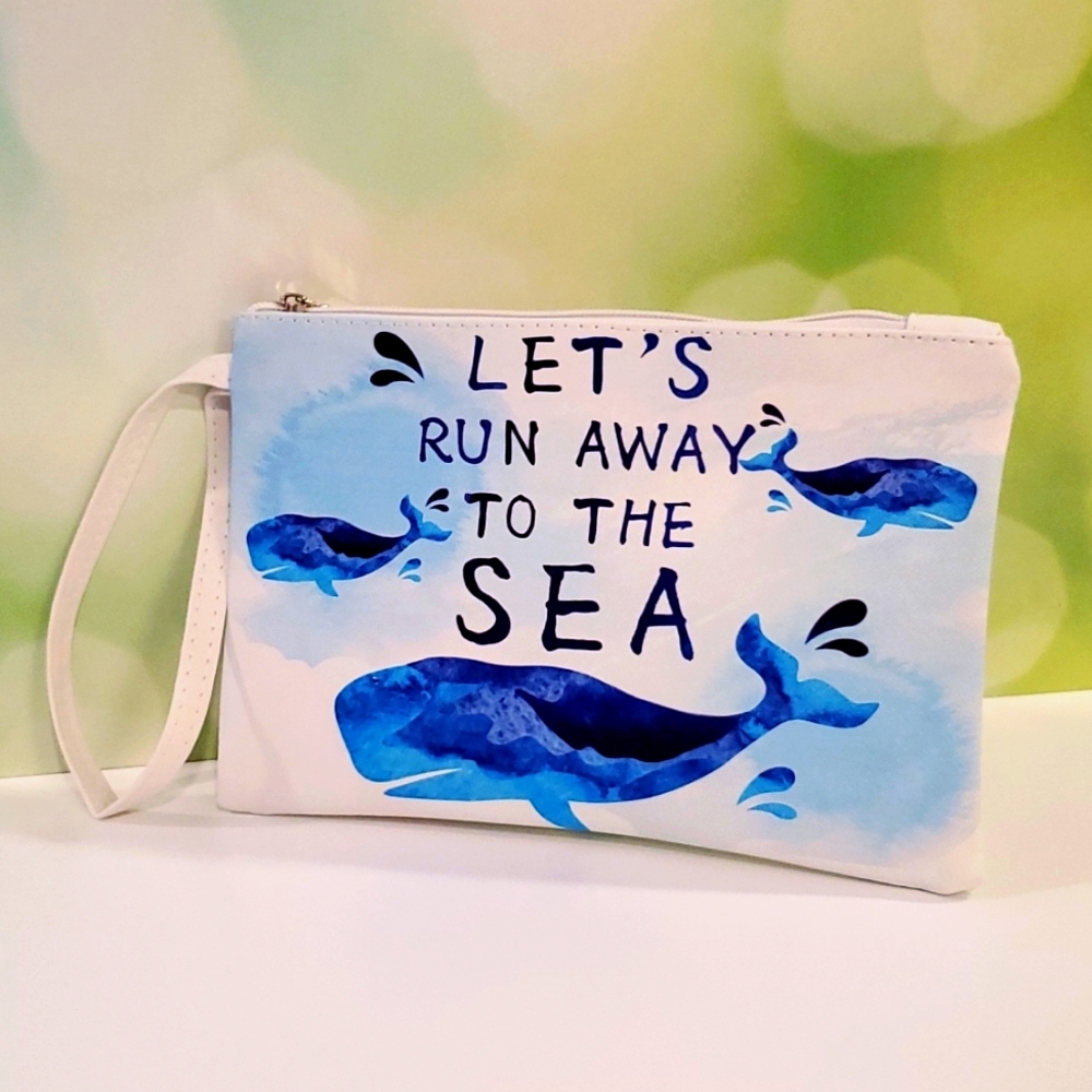 Whale beach themed pouch clutch make up bag tropical cruise vacation travel